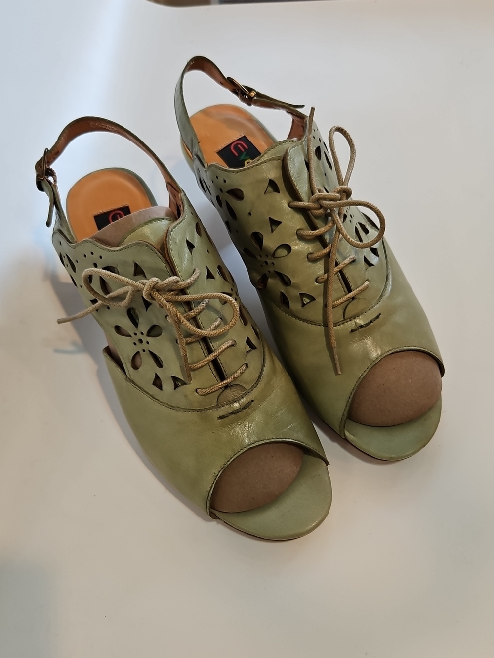 Everybody Stack Heel Peep-Toe Lace-Up Sandal in Sage Green